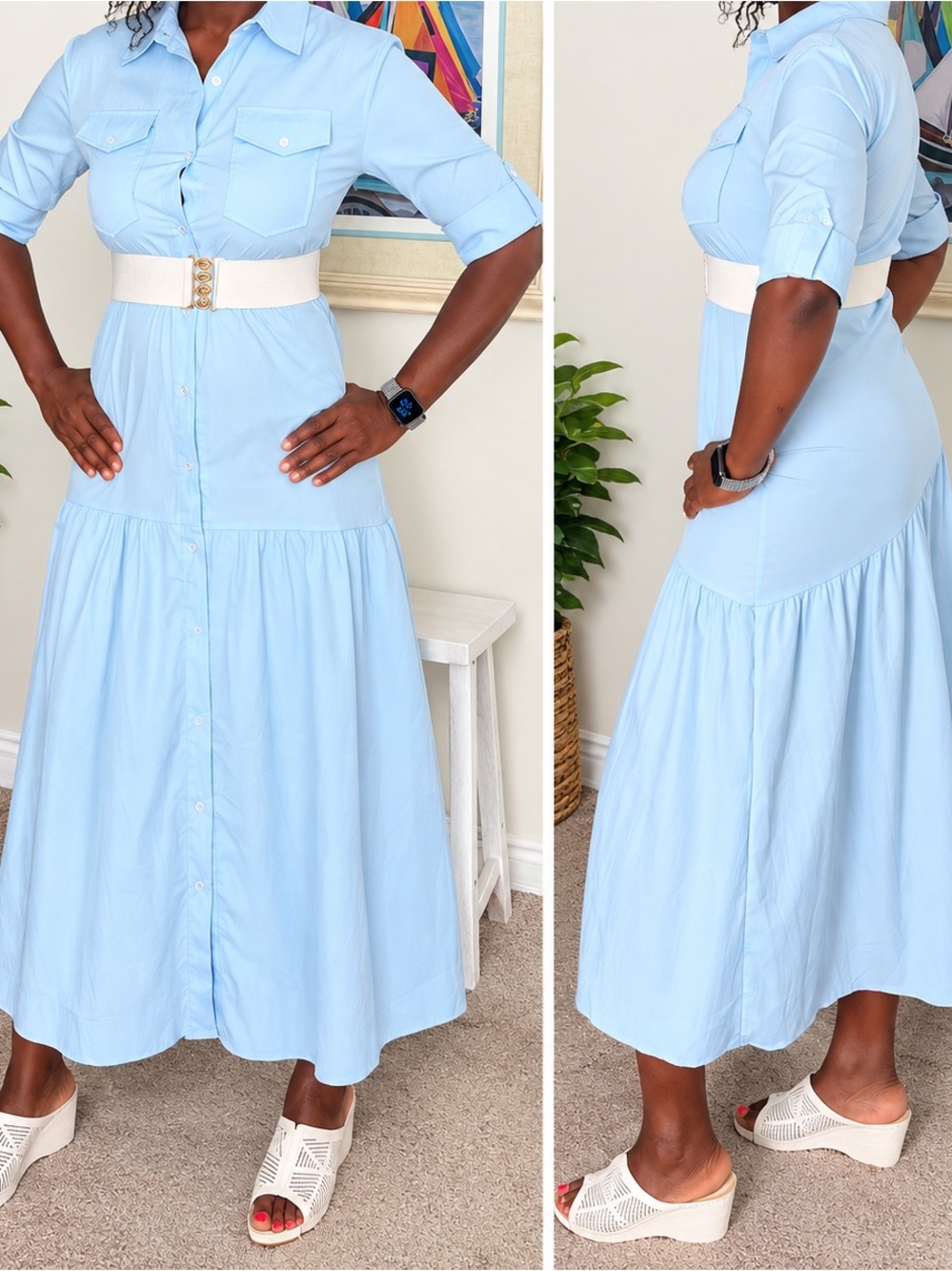 Light Blue Button-Front Shirt Dress without belt